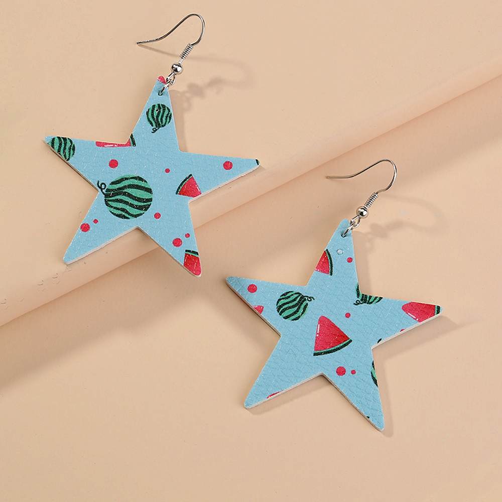 1 Pair Cute Vacation Sweet Pentagram Leaves Printing Imitation Leather Copper Drop Earrings display picture 2