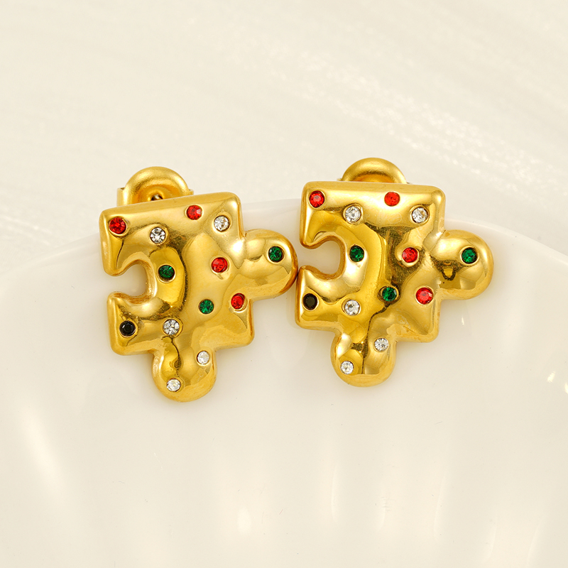 1 Pair Simple Style Classic Style Jigsaw Plating 304 Stainless Steel Rhinestones 18K Gold Plated Ear Studs display picture 3