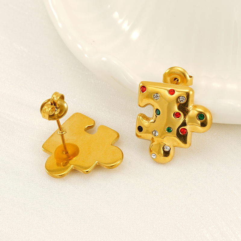 1 Pair Simple Style Classic Style Jigsaw Plating 304 Stainless Steel Rhinestones 18K Gold Plated Ear Studs display picture 7