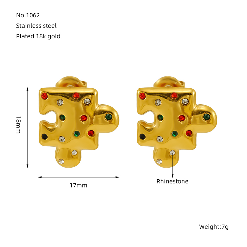 1 Pair Simple Style Classic Style Jigsaw Plating 304 Stainless Steel Rhinestones 18K Gold Plated Ear Studs display picture 2