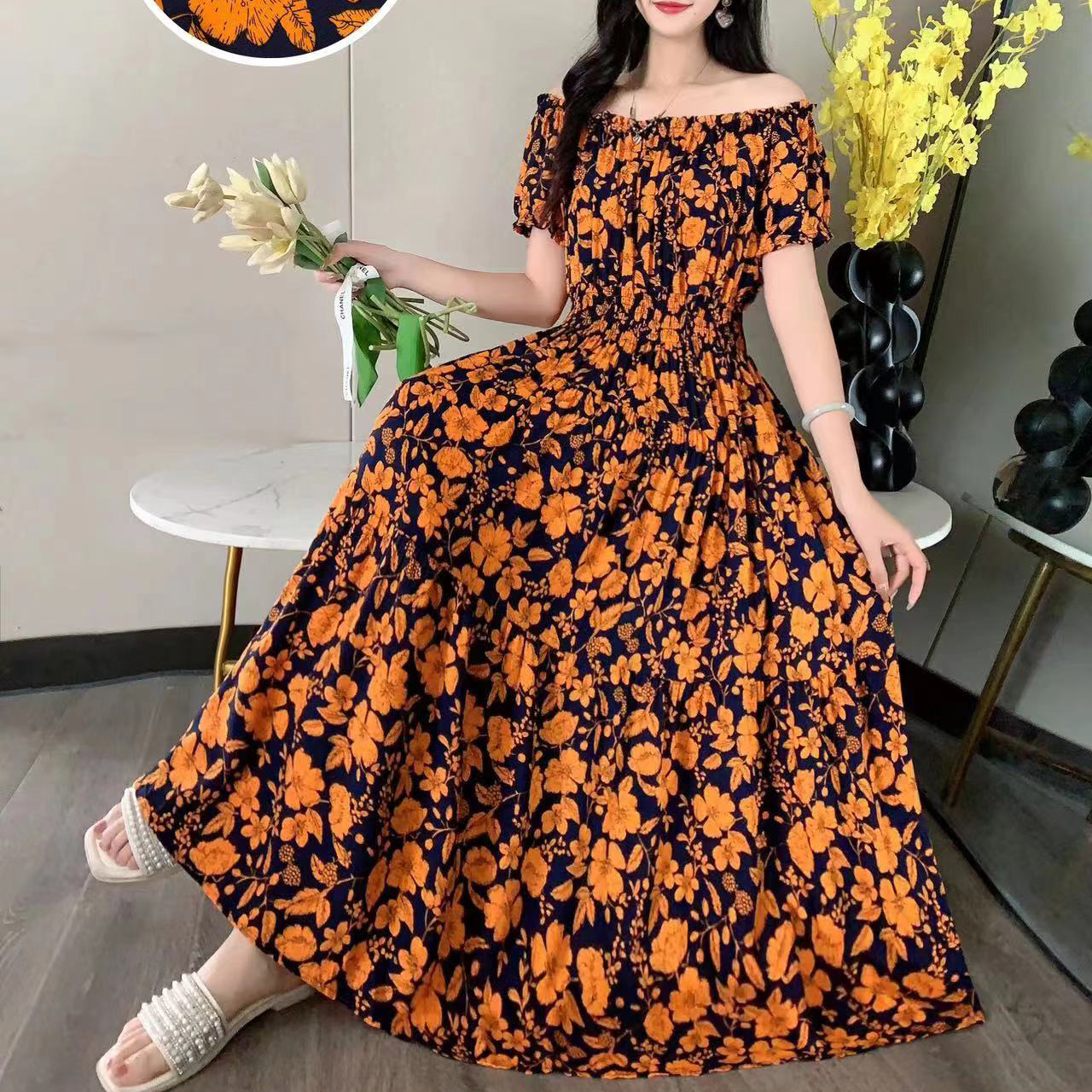 Women's Tea Dress Elegant Sexy Boat Neck Elastic Waist Flowers Hollow Out Short Sleeve Flower Midi Dress Casual Outdoor Daily display picture 3