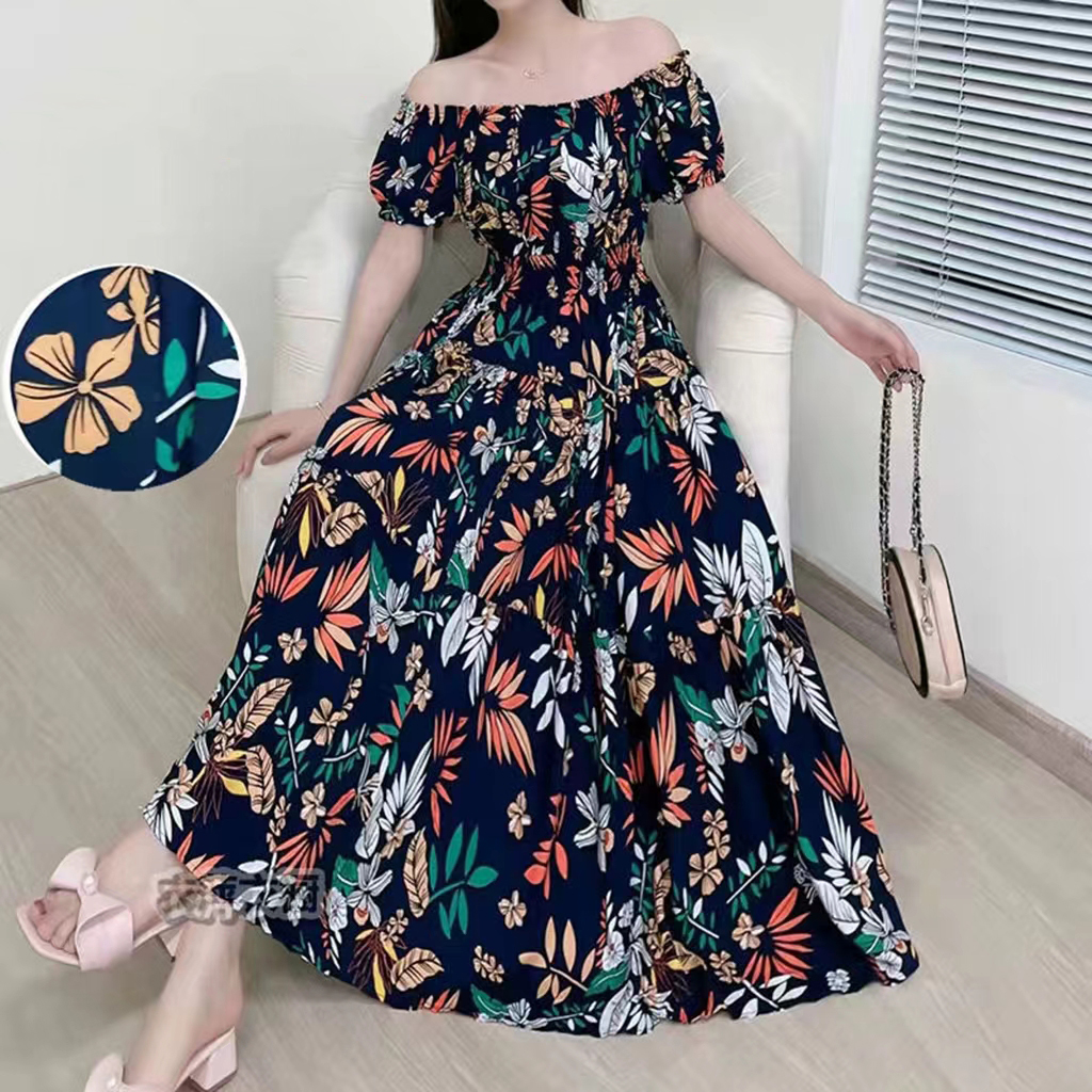 Women's Tea Dress Elegant Sexy Boat Neck Printing Elastic Waist Hollow Out Short Sleeve Leaf Flower Midi Dress Casual Outdoor Daily display picture 2
