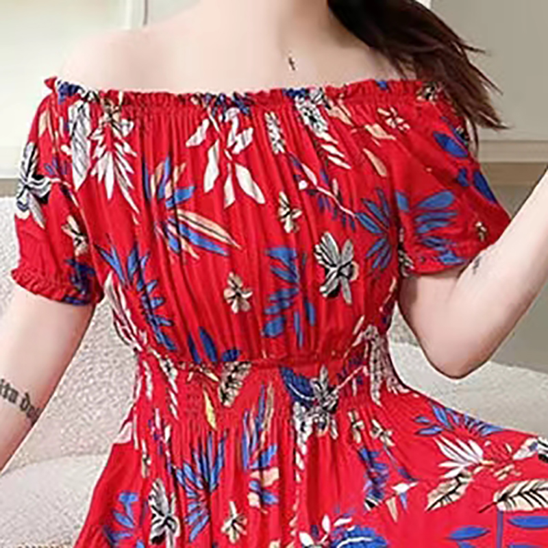 Women's Tea Dress Elegant Sexy Boat Neck Printing Elastic Waist Hollow Out Short Sleeve Leaf Flower Midi Dress Casual Outdoor Daily display picture 5