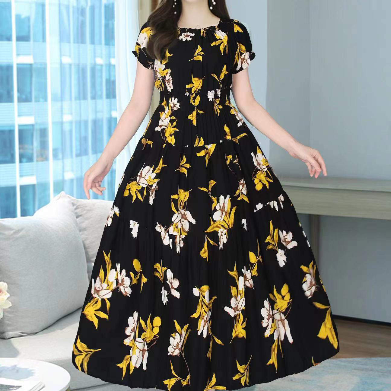 Women's Tea Dress Elegant Sexy Boat Neck Printing Elastic Waist Hollow Out Short Sleeve Leaf Flower Midi Dress Casual Outdoor Daily display picture 4