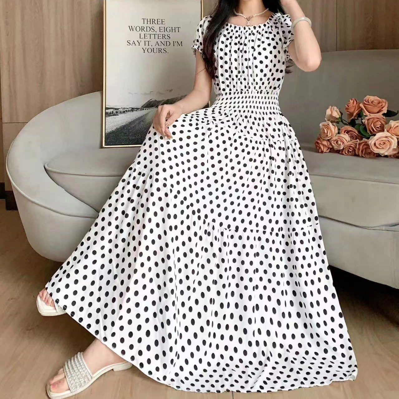 Women's Tea Dress Casual Elegant Boat Neck Elastic Waist Hollow Out Short Sleeve Polka Dots Midi Dress Casual Outdoor Daily display picture 1