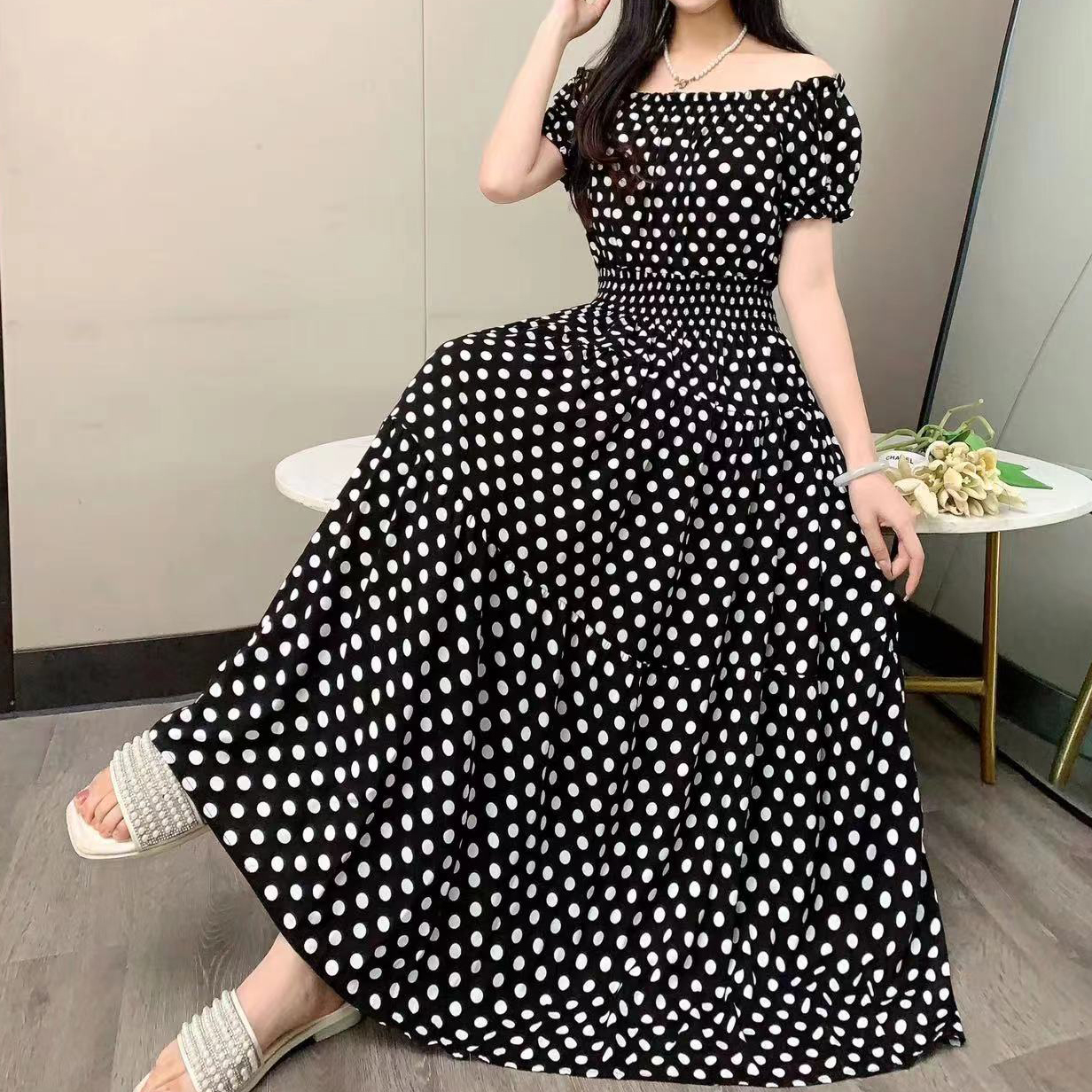 Women's Tea Dress Casual Elegant Boat Neck Elastic Waist Hollow Out Short Sleeve Polka Dots Midi Dress Casual Outdoor Daily display picture 2