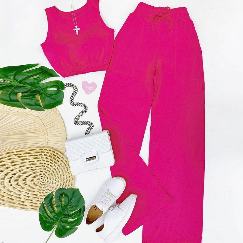 Frau Mode Einfarbig Polyester Gefälschter Kordelzug Tasche Hosen-sets display picture 14