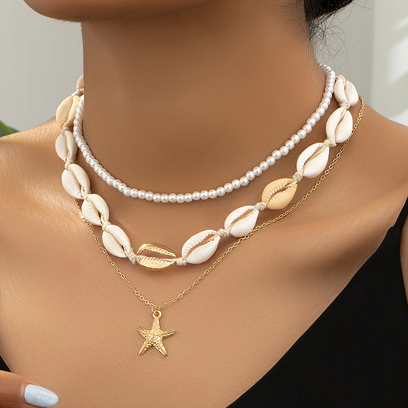 Vacation Tropical Starfish Plastic Shell Zinc Alloy Beaded Plating 14K Gold Plated Women's Three Layer Necklace display picture 1