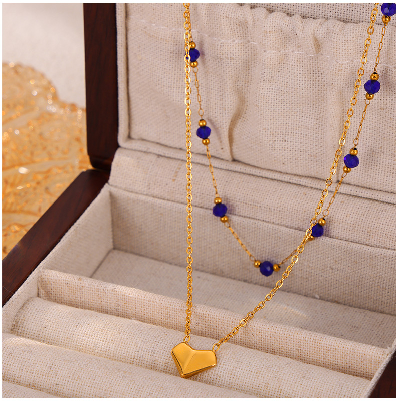 304 Stainless Steel Natural Stone 18K Gold Plated Elegant Simple Style Beaded Plating Round Heart Shape Double Layer Necklaces display picture 5