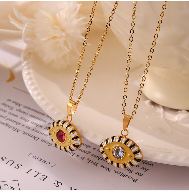 304 Stainless Steel Glass 18K Gold Plated Casual Simple Style Artistic Enamel Plating Devil's Eye Artificial Diamond Glass Pendant Necklace display picture 3
