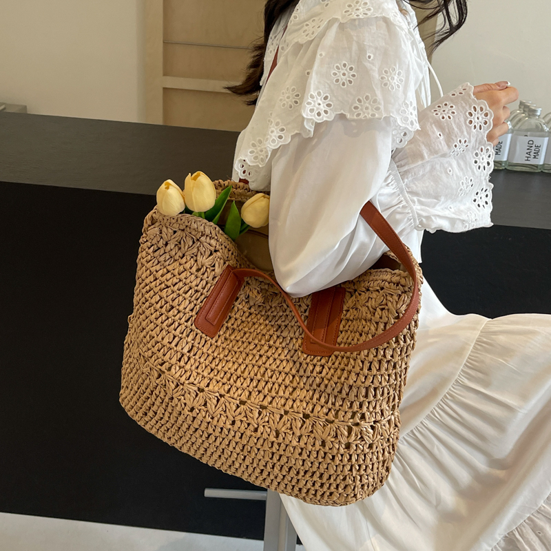 امرأة قماش اللون الصامد عطلة سحاب البنطلون حقيبة كتف كيس من القش display picture 7