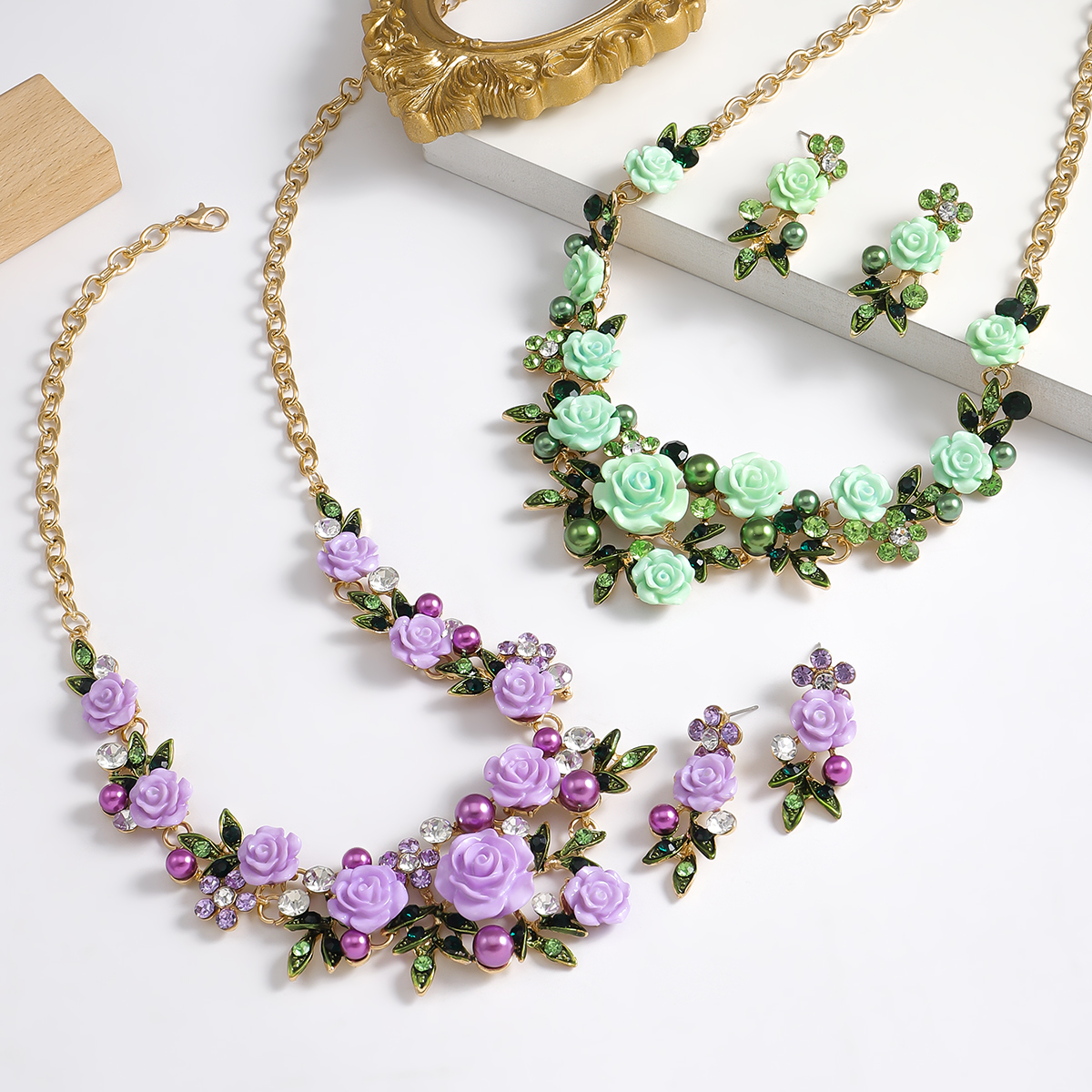IG Style Sweet Flower K Gold Plated Enamel Rhinestones Pearl Alloy Wholesale Jewelry Set display picture 3
