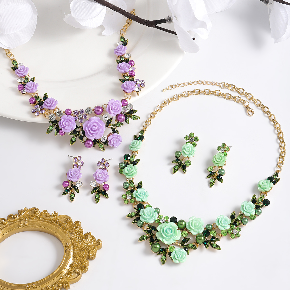 IG Style Sweet Flower K Gold Plated Enamel Rhinestones Pearl Alloy Wholesale Jewelry Set display picture 4