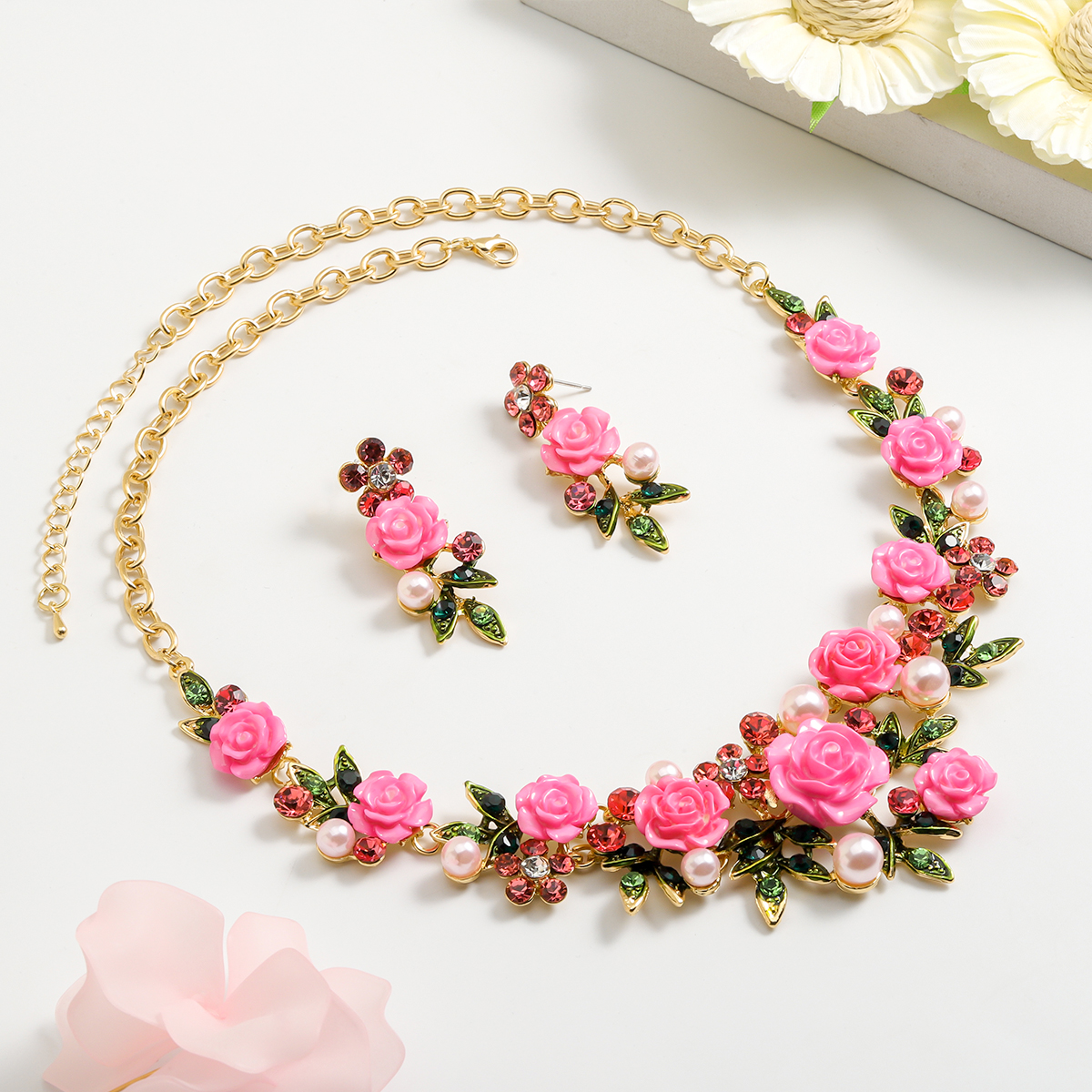 IG Style Sweet Flower K Gold Plated Enamel Rhinestones Pearl Alloy Wholesale Jewelry Set display picture 10