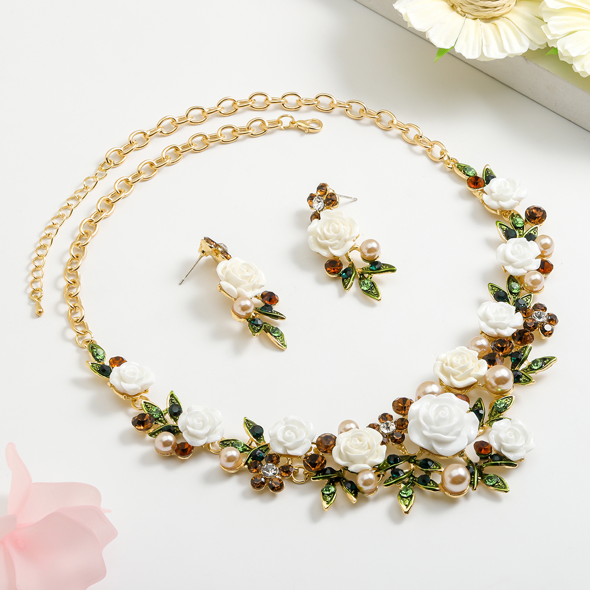 IG Style Sweet Flower K Gold Plated Enamel Rhinestones Pearl Alloy Wholesale Jewelry Set display picture 11