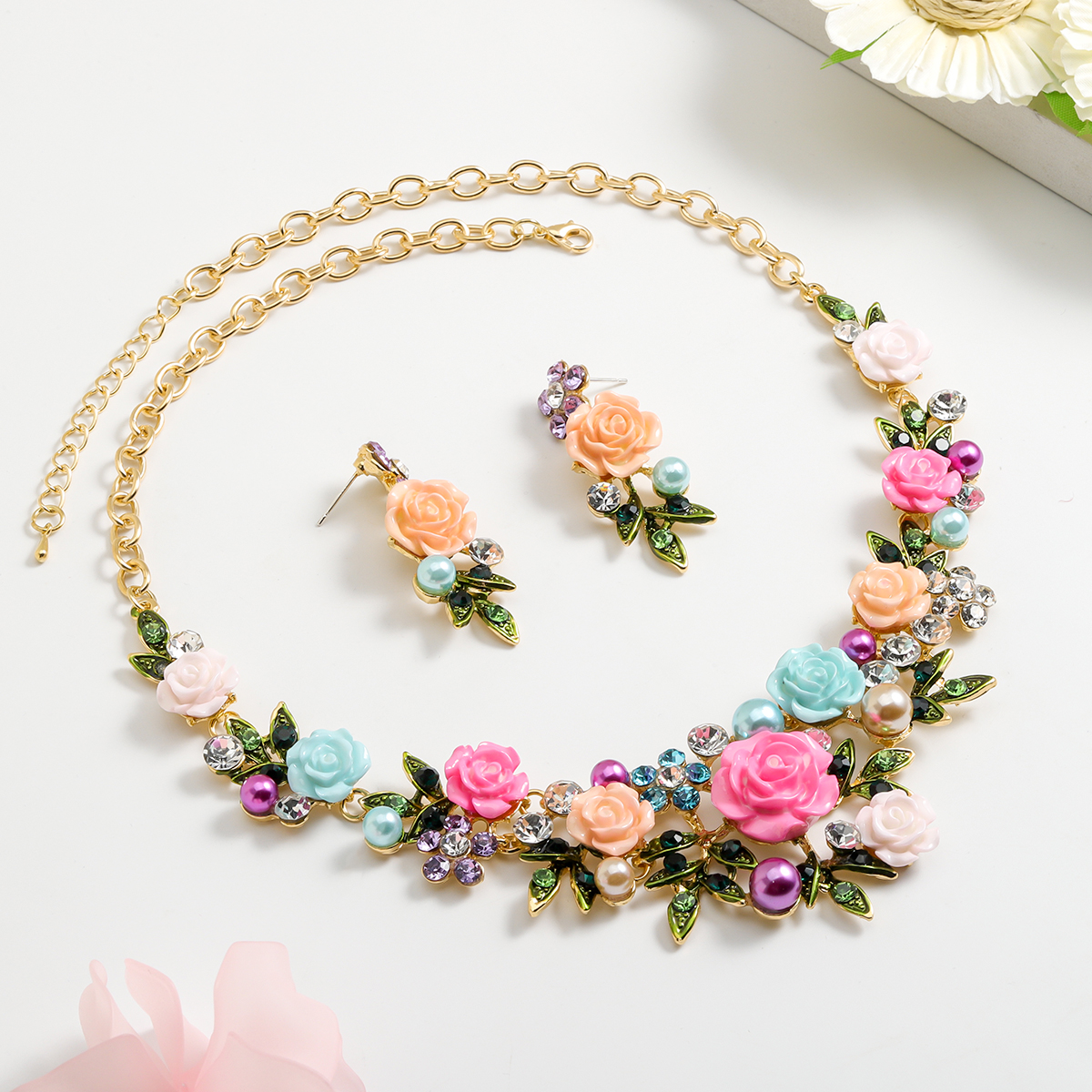 IG Style Sweet Flower K Gold Plated Enamel Rhinestones Pearl Alloy Wholesale Jewelry Set display picture 12