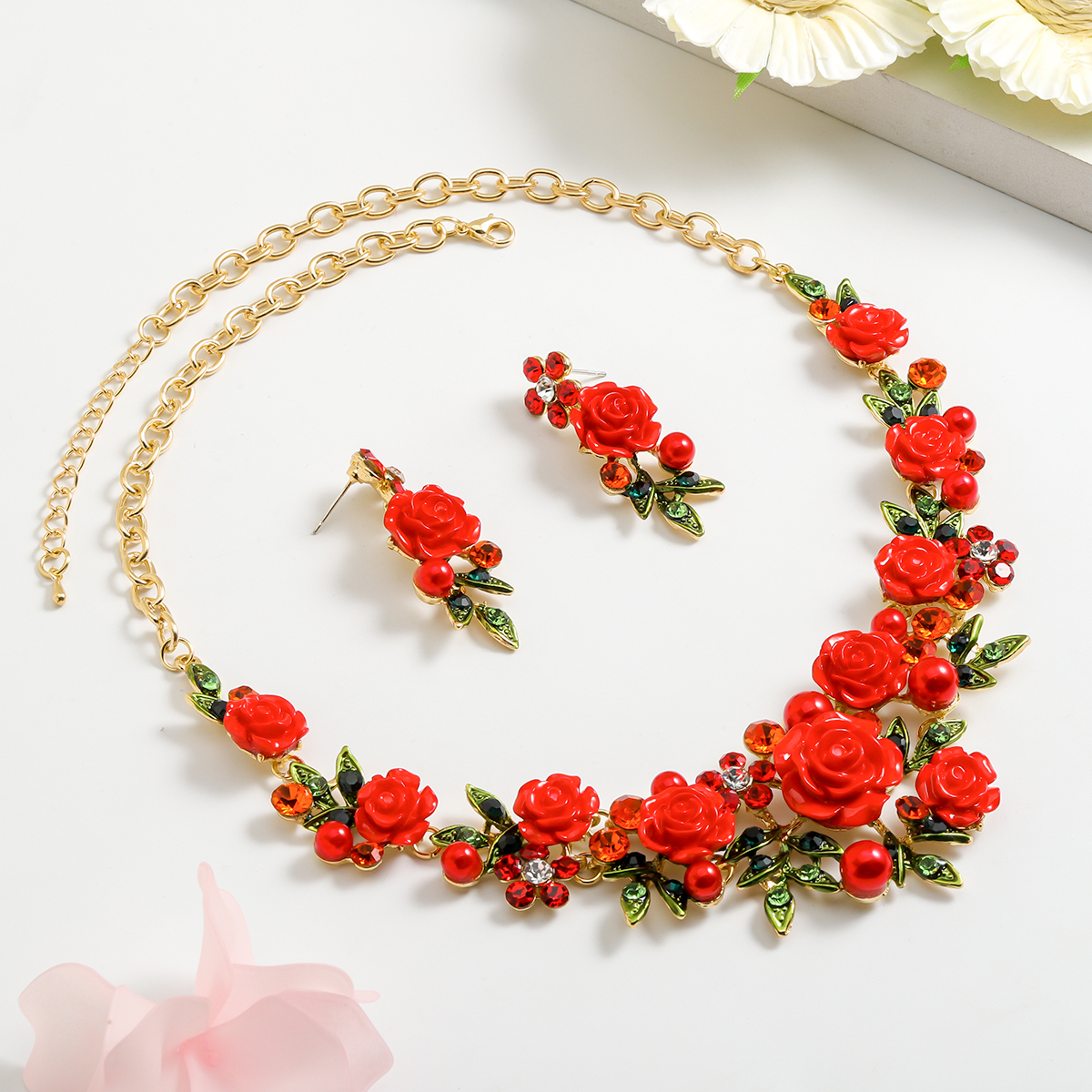 IG Style Sweet Flower K Gold Plated Enamel Rhinestones Pearl Alloy Wholesale Jewelry Set display picture 13