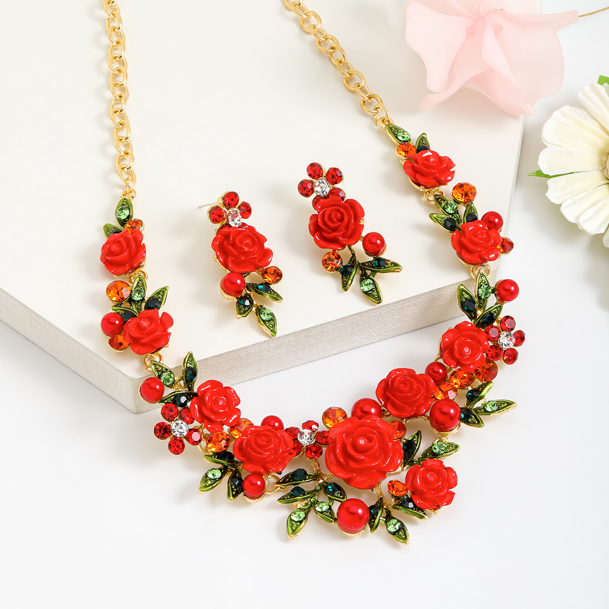 IG Style Sweet Flower K Gold Plated Enamel Rhinestones Pearl Alloy Wholesale Jewelry Set display picture 15