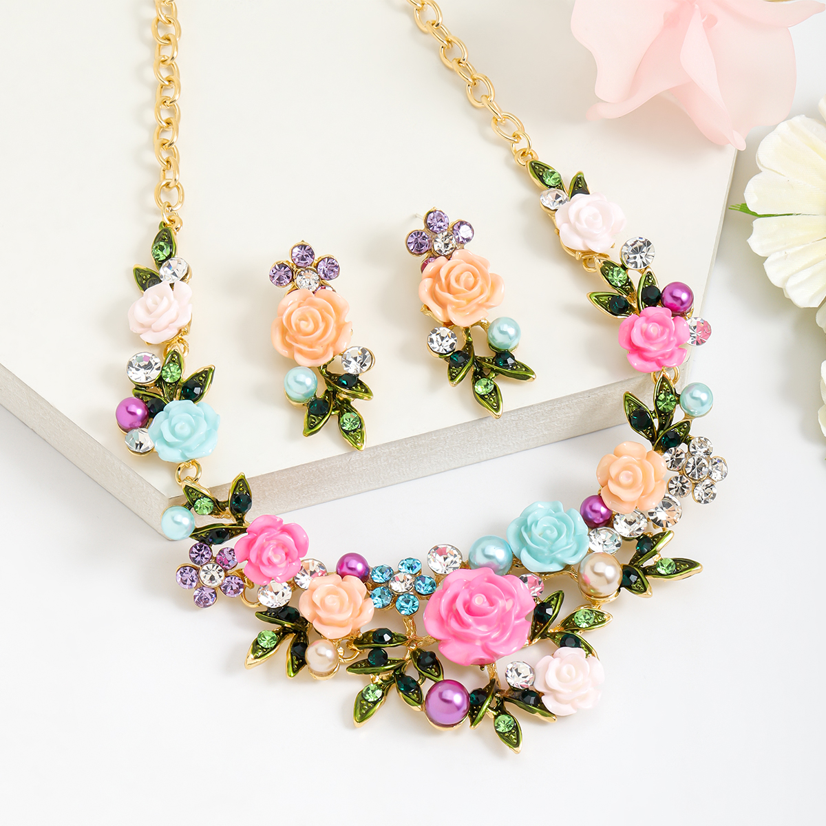 IG Style Sweet Flower K Gold Plated Enamel Rhinestones Pearl Alloy Wholesale Jewelry Set display picture 22