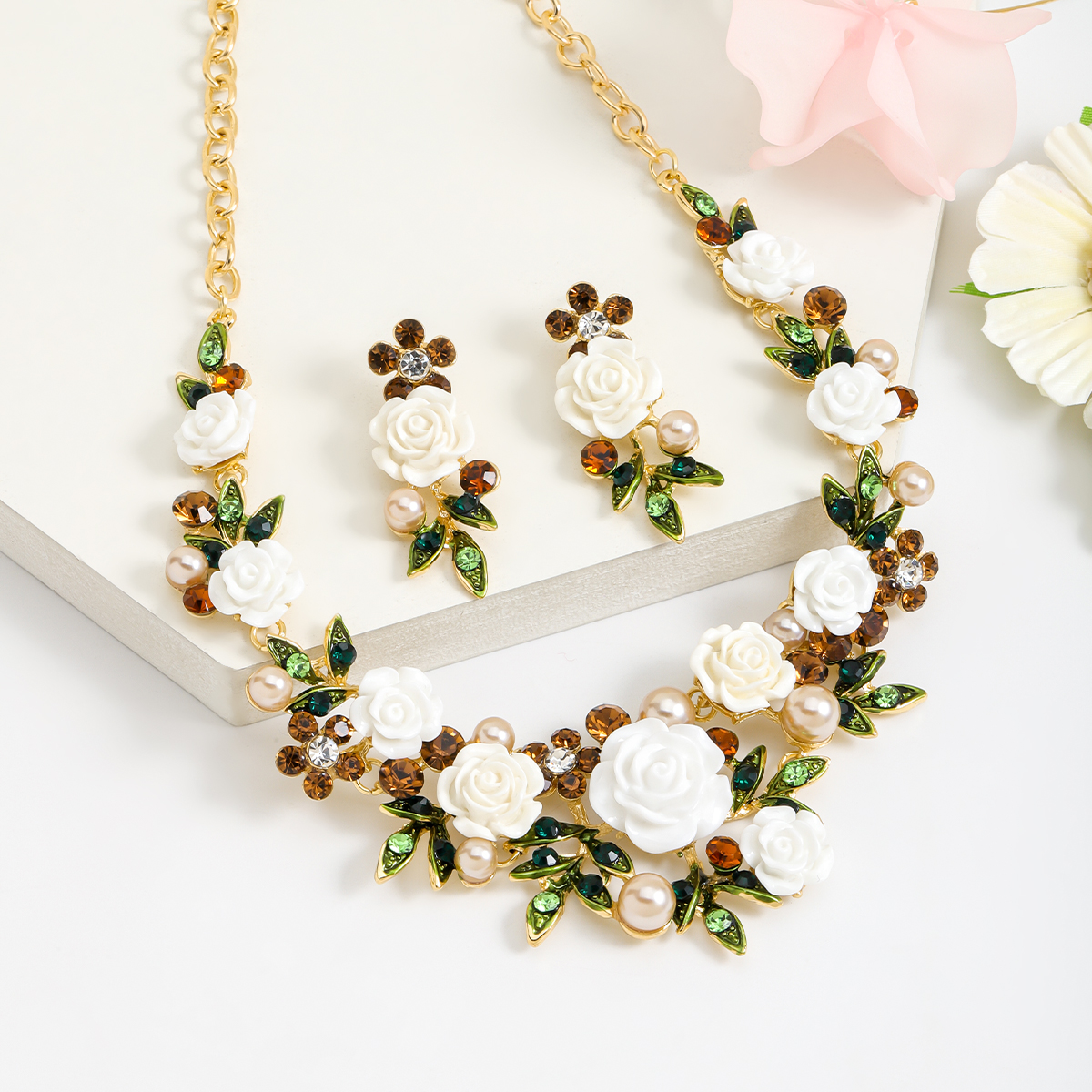 IG Style Sweet Flower K Gold Plated Enamel Rhinestones Pearl Alloy Wholesale Jewelry Set display picture 19