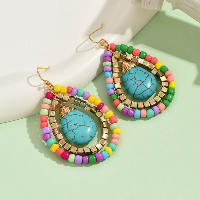 1 Pair IG Style Casual Water Droplets Beaded Beaded Turquoise Drop Earrings display picture 5