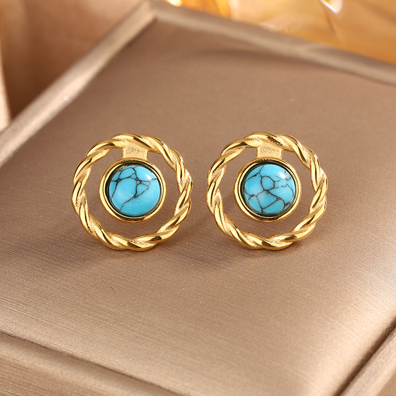 1 Pair Vintage Style Simple Style Geometric Oval Plating Inlay 304 Stainless Steel Artificial Pearls Turquoise Opal 18K Gold Plated Ear Studs display picture 20