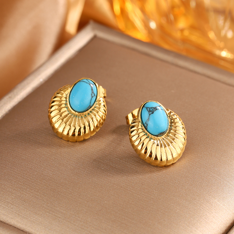 1 Pair Vintage Style Simple Style Geometric Oval Plating Inlay 304 Stainless Steel Artificial Pearls Turquoise Opal 18K Gold Plated Ear Studs display picture 12