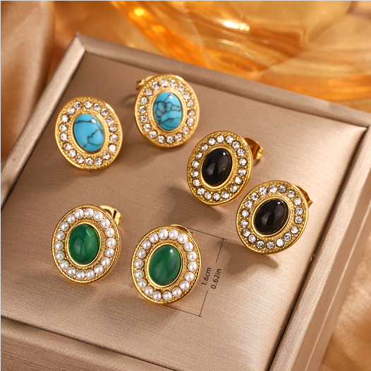 1 Pair Vintage Style Shiny Geometric Plating Inlay 304 Stainless Steel Turquoise Rhinestones Opal 18K Gold Plated Ear Studs display picture 2