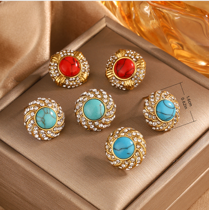 1 Pair Vintage Style Shiny Geometric Plating Inlay 304 Stainless Steel Turquoise Rhinestones Opal 18K Gold Plated Ear Studs display picture 5