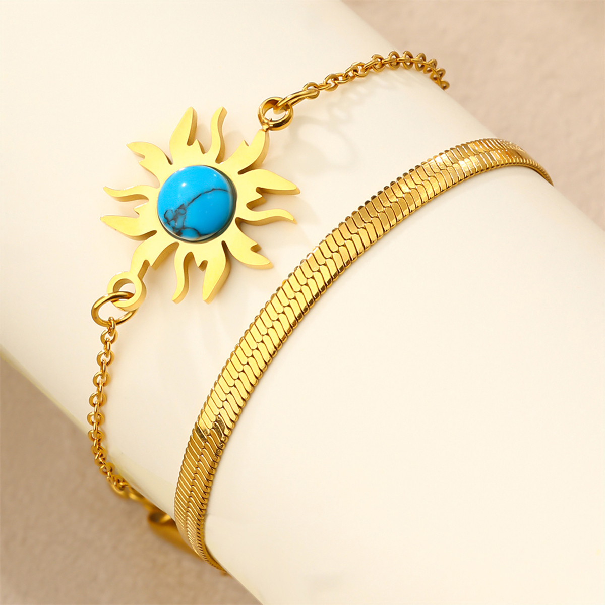304 Stainless Steel 18K Gold Plated Casual Plating Inlay Sun Heart Shape Butterfly Turquoise Bracelets display picture 2