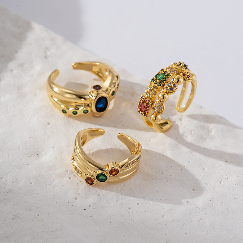 Brass Gold Plated Retro Wedding Plating Metal Inlay Semicircle Round Colorful Zircon Rings display picture 6