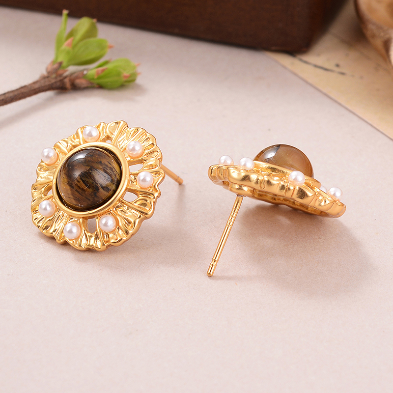 1 Pair Simple Style Oval Inlay Alloy Artificial Pearls Natural Stone 18K Gold Plated Ear Studs display picture 3
