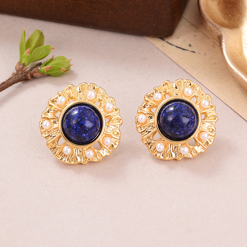 1 Pair Simple Style Oval Inlay Alloy Artificial Pearls Natural Stone 18K Gold Plated Ear Studs display picture 4