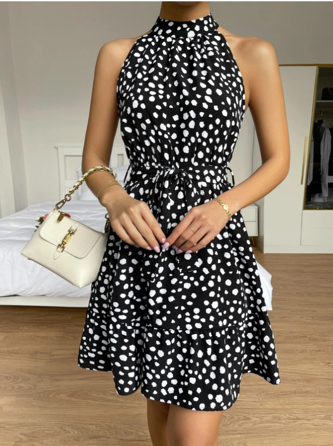 Women's Sheath Dress Elegant High Neck Ruffle Hem Sleeveless Polka Dots Leopard Above Knee Business Daily Date display picture 9