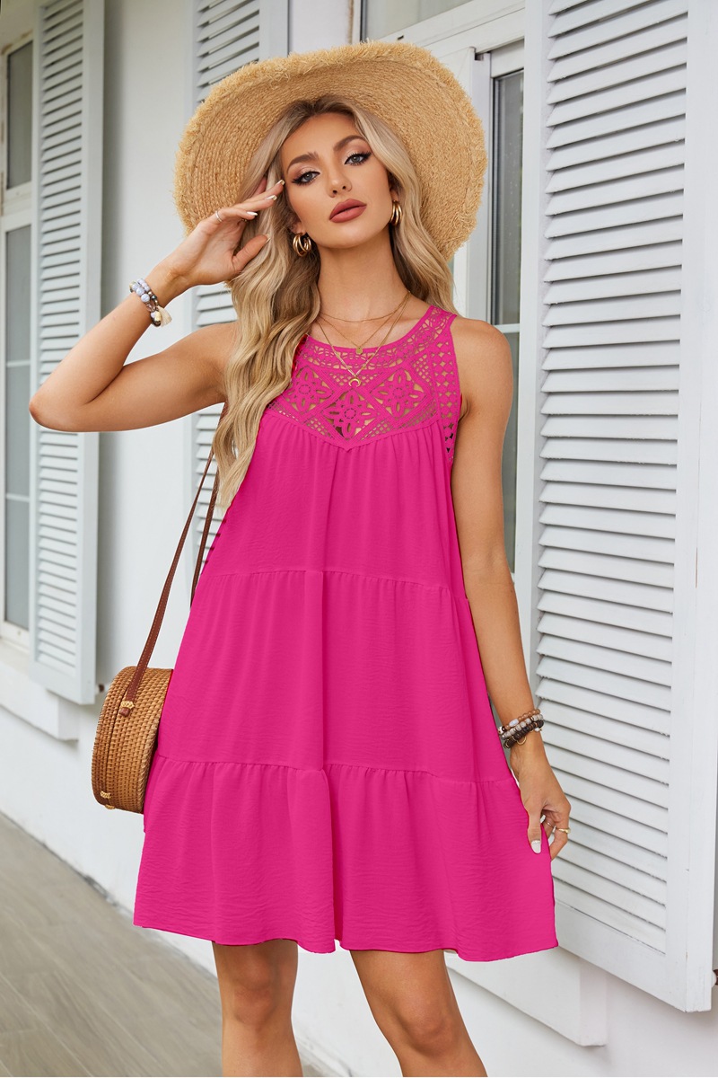 Women's Princess Dress Tea Dress Romantic Round Neck Hollow Lace Sleeveless Solid Color Above Knee Daily Beach display picture 21