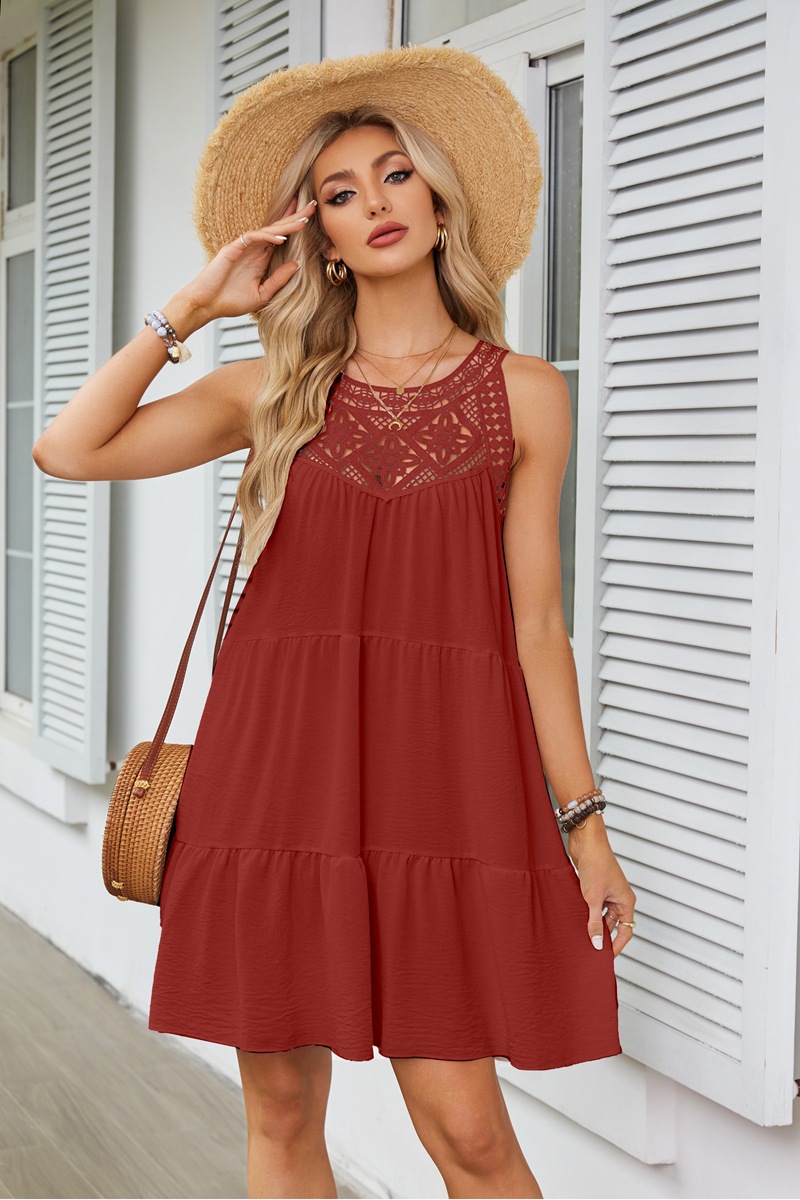Women's Princess Dress Tea Dress Romantic Round Neck Hollow Lace Sleeveless Solid Color Above Knee Daily Beach display picture 31