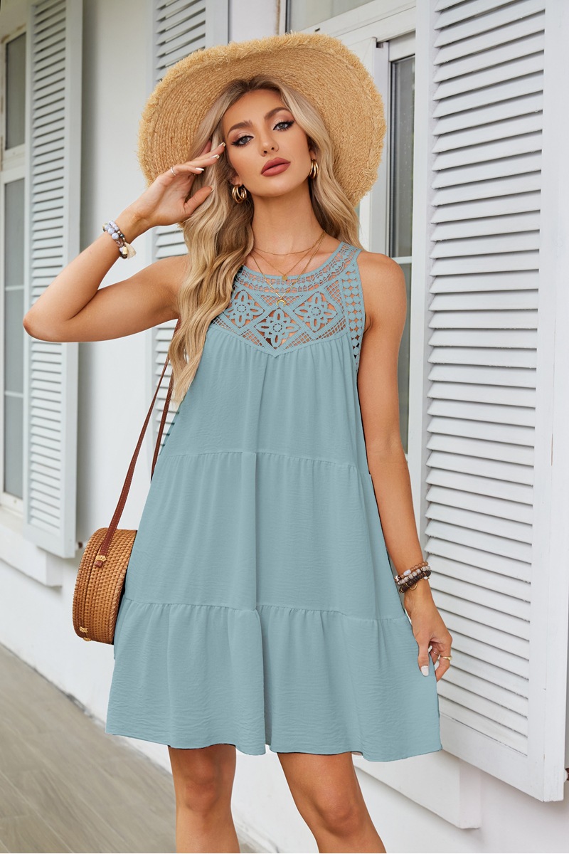 Women's Princess Dress Tea Dress Romantic Round Neck Hollow Lace Sleeveless Solid Color Above Knee Daily Beach display picture 39