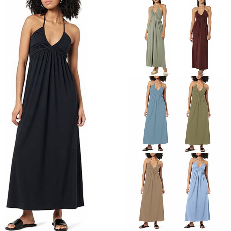 Women's Strap Dress Sexy V Neck Ruched Sleeveless Solid Color Maxi Long Dress Banquet Beach Bar display picture 10