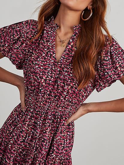 Women's Floral Dress Basic V Neck Pocket Short Sleeve Ditsy Floral Midi Dress Office Daily Date display picture 26