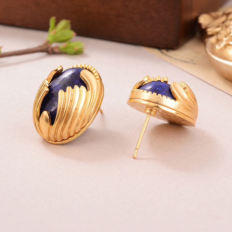 1 Pair Retro Oval Inlay Alloy Tiger Eye Lapis Lazuli Ear Studs display picture 1