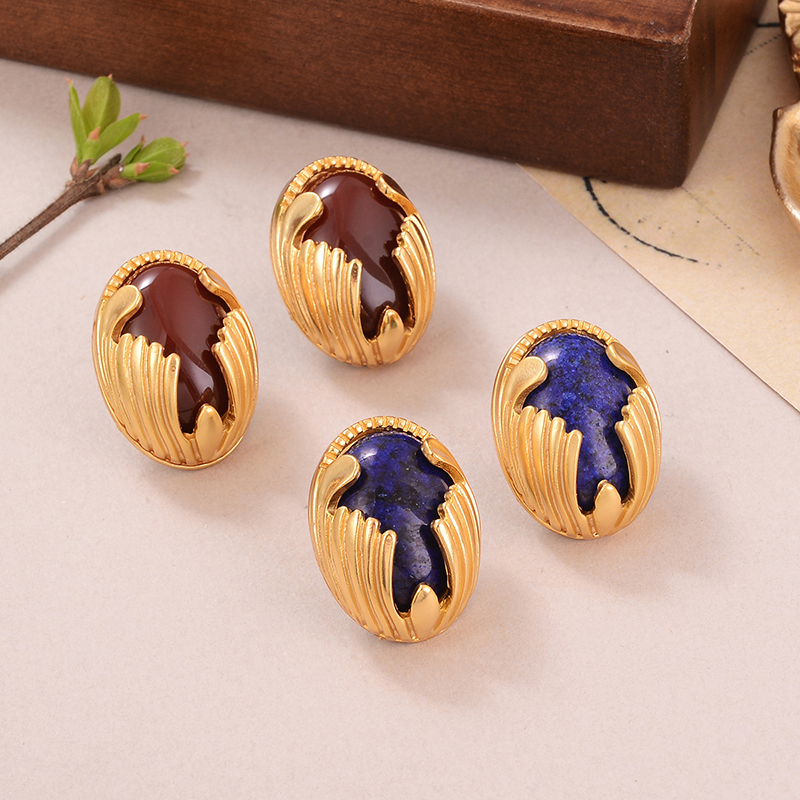 1 Pair Retro Oval Inlay Alloy Tiger Eye Lapis Lazuli Ear Studs display picture 5