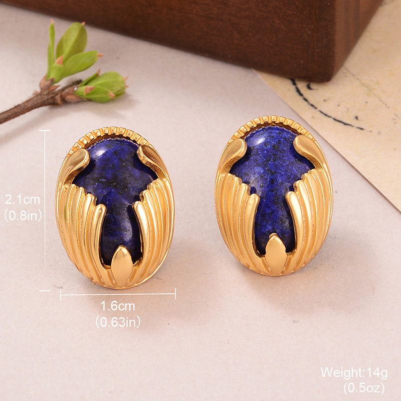 1 Pair Retro Oval Inlay Alloy Tiger Eye Lapis Lazuli Ear Studs display picture 3