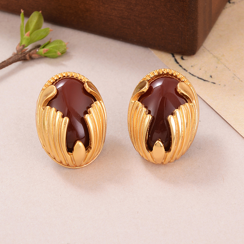 1 Pair Retro Oval Inlay Alloy Tiger Eye Lapis Lazuli Ear Studs display picture 4