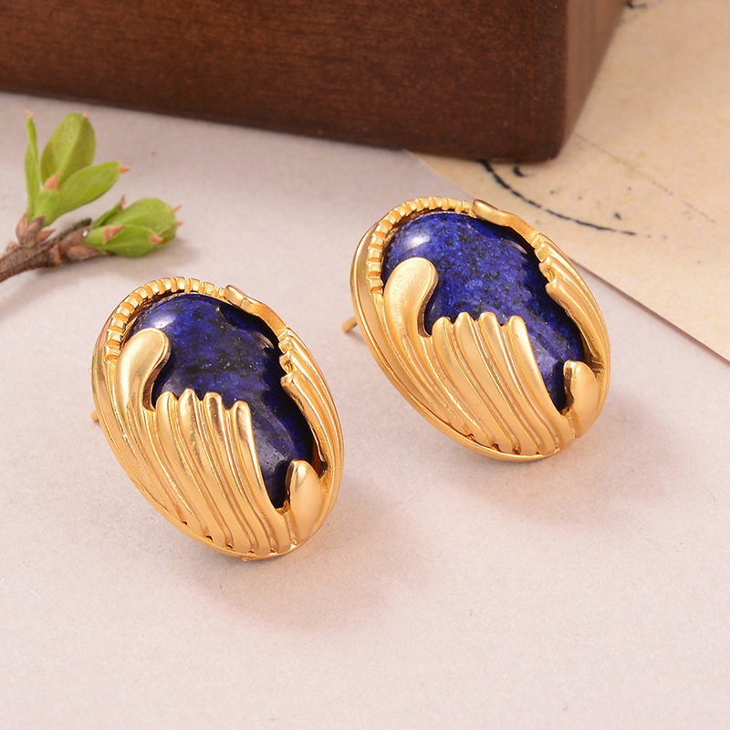 1 Pair Retro Oval Inlay Alloy Tiger Eye Lapis Lazuli Ear Studs display picture 2
