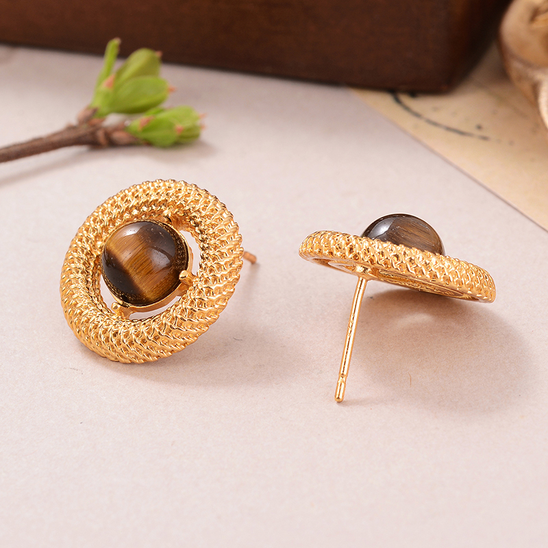1 Pair Vintage Style Fashion French Style Round Plating Hollow Out Inlay Alloy Tiger Eye Lapis Lazuli Ear Studs display picture 1