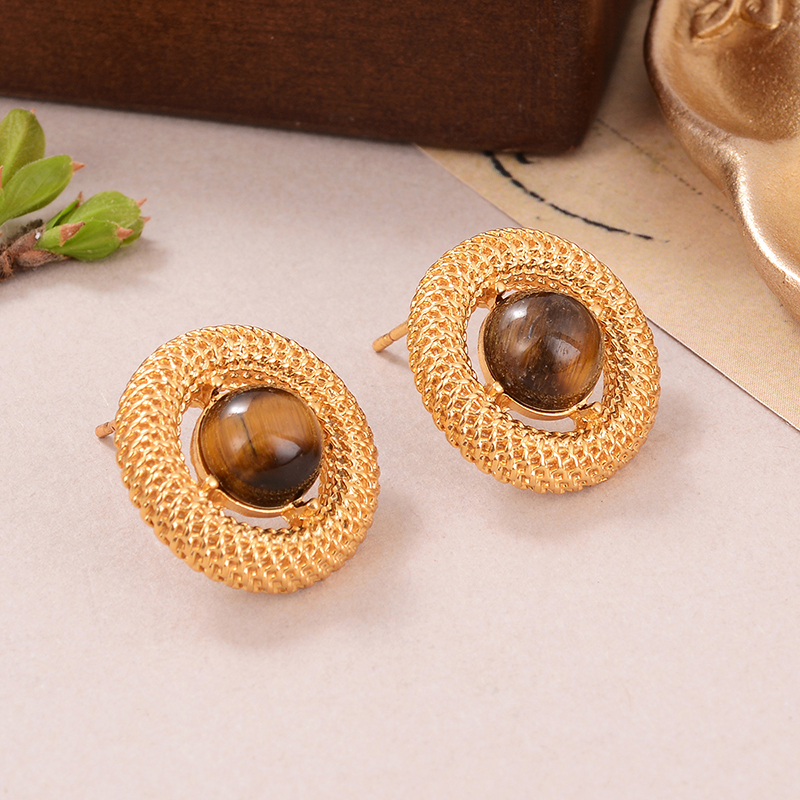 1 Pair Vintage Style Fashion French Style Round Plating Hollow Out Inlay Alloy Tiger Eye Lapis Lazuli Ear Studs display picture 2