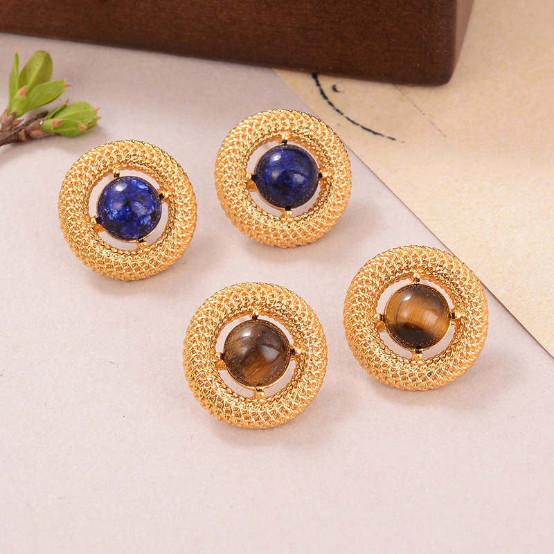 1 Pair Vintage Style Fashion French Style Round Plating Hollow Out Inlay Alloy Tiger Eye Lapis Lazuli Ear Studs display picture 4