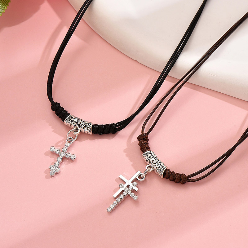 Wholesale Jewelry IG Style Simple Style Cross Alloy Leather Rope Zinc Alloy Zircon Inlay Pendant Necklace display picture 1