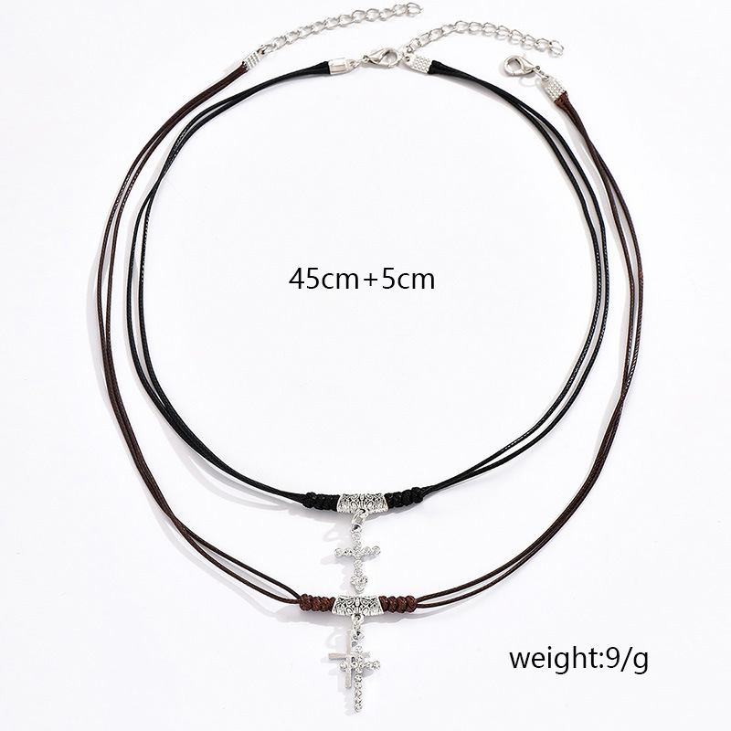 Wholesale Jewelry IG Style Simple Style Cross Alloy Leather Rope Zinc Alloy Zircon Inlay Pendant Necklace display picture 2