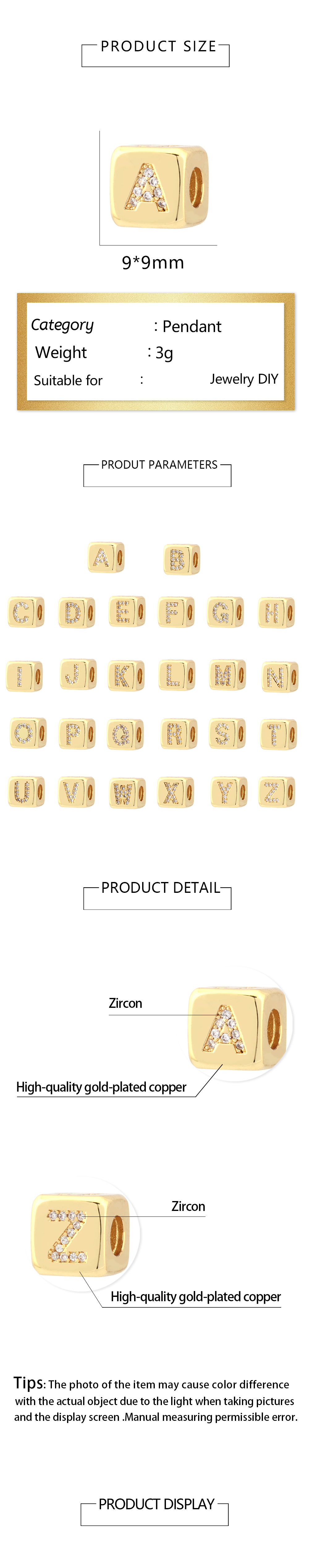 1 Piece Diameter 9mm Copper Zircon 18K Gold Plated Letter Polished Beads Chain display picture 1